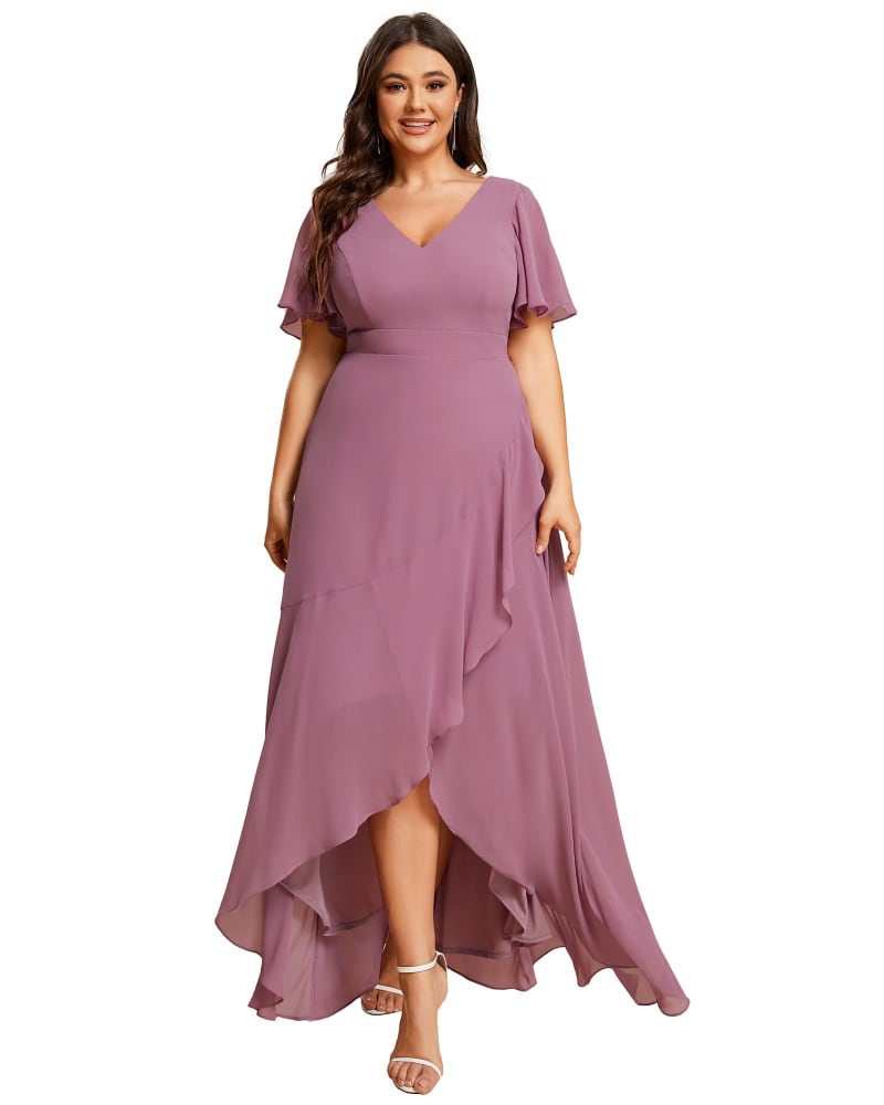 Front of a model wearing a size 12 Charming Chiffon Bridesmaid Dress with Lotus Leaf Hemline in Purple Orchid by Ever-Pretty. | dia_product_style_image_id:301713